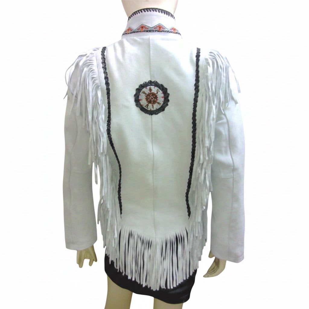 White leather jacket with fringe and embroidery on a mannequin against a white background