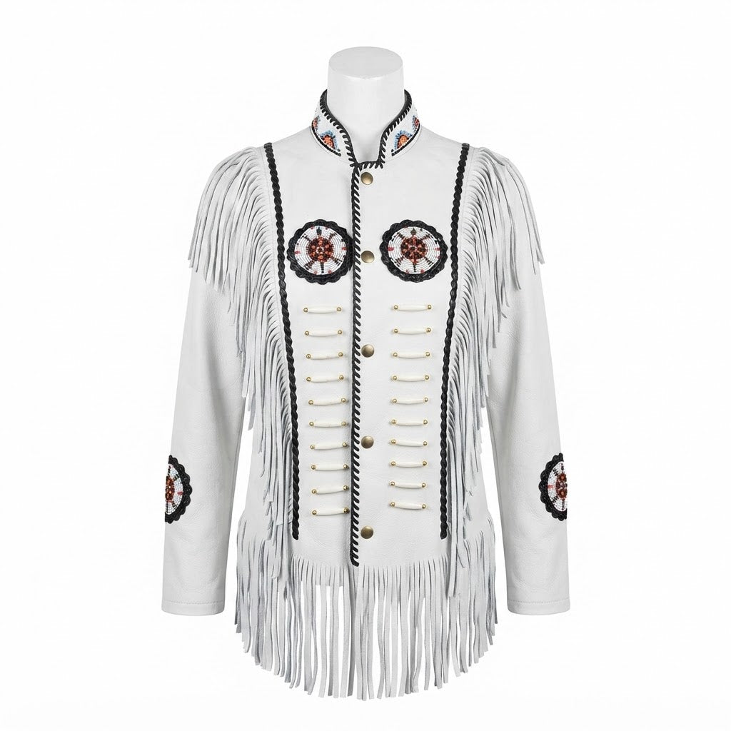 white leather jacket with fringes with handmade bead work on a white background