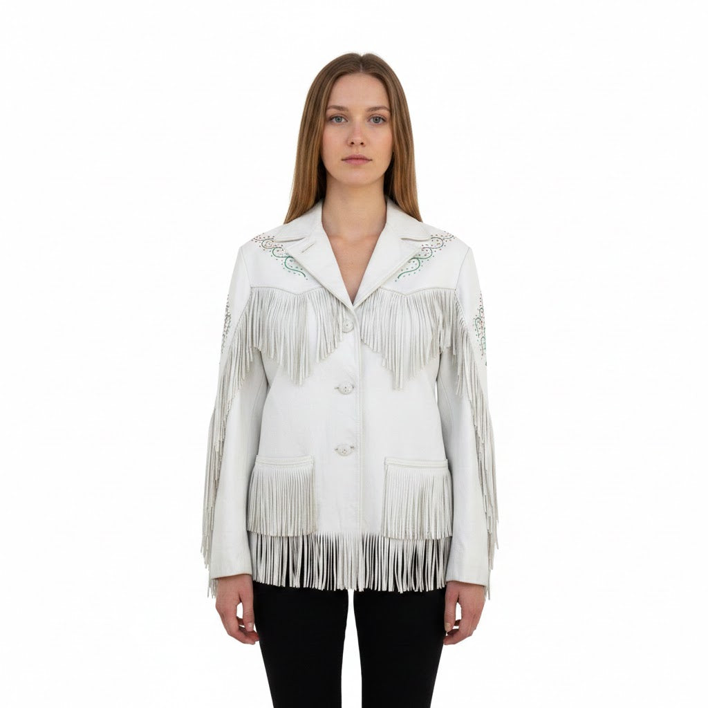 Woman wearing a white fringed jacket on a white background