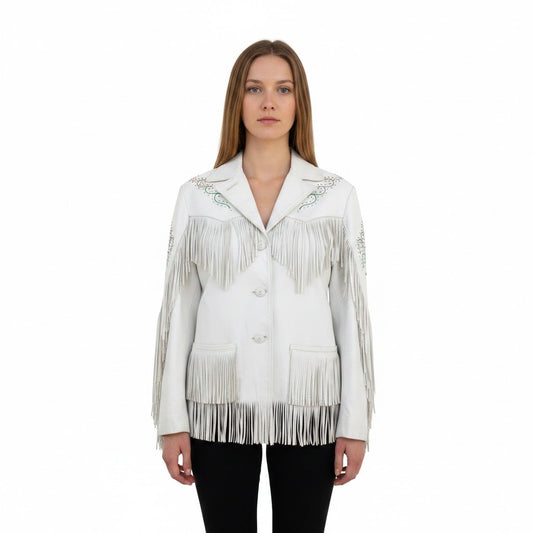 Woman wearing a white fringed jacket on a white background