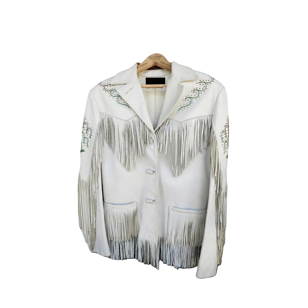 White leather jacket with fringes on a white background
