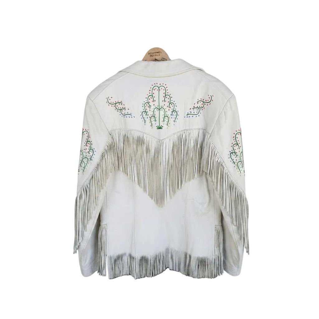 White leather jacket with fringes on a white background