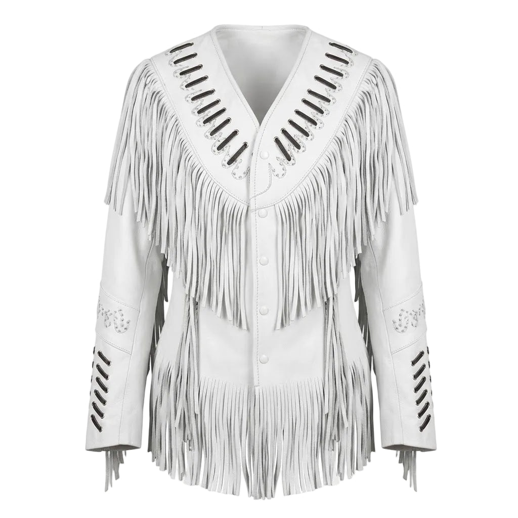 WHITE LEATHER JACKET WITH FRINGES ON WHITE BACKGROUND
