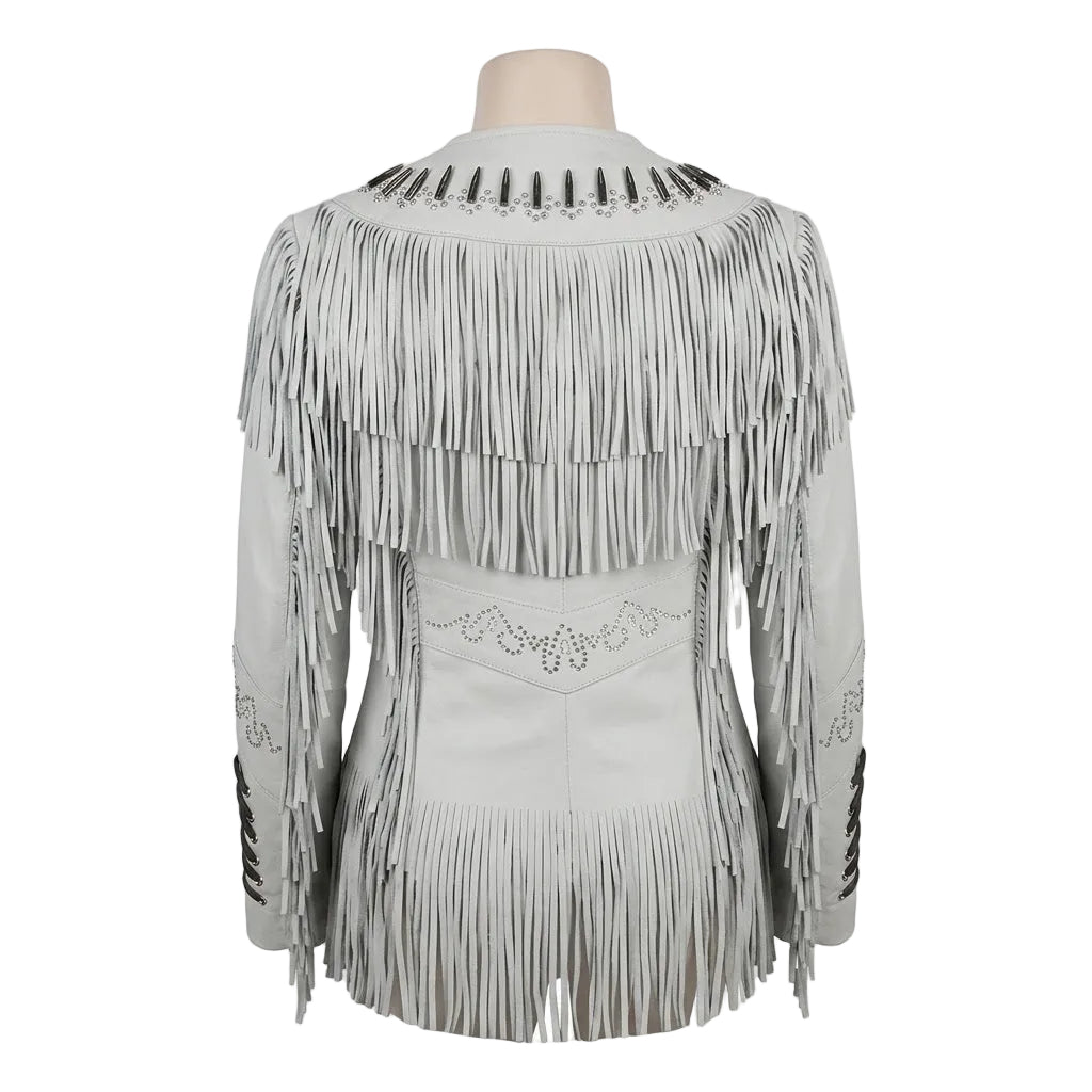 WHITE LEATHER JACKET WITH FRINGES ON WHITE BACKGROUND