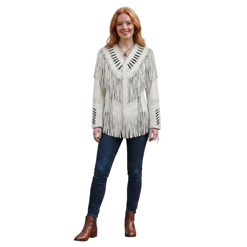Women's western leather jacket in ivory and tan with embroidered detailing