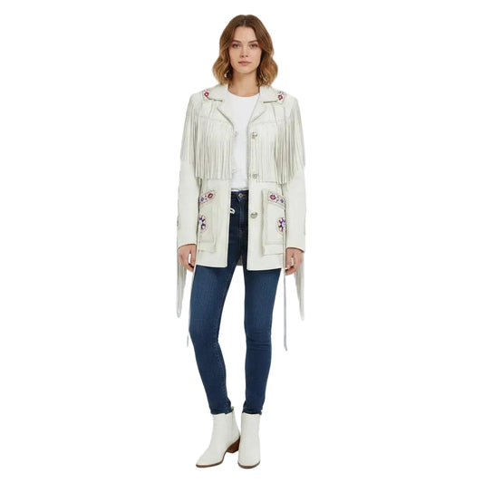 Woman wearing a white fringed jacket with floral embellishments on a white background
