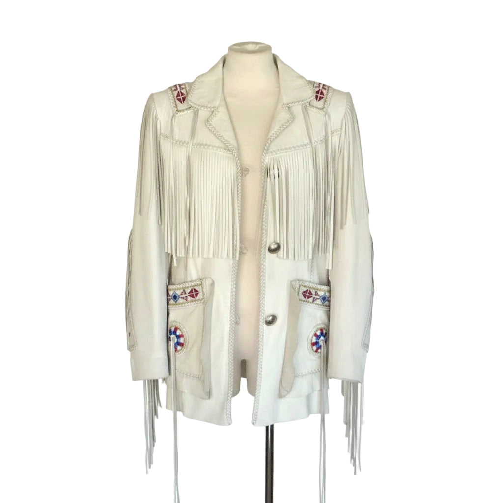 White fringed jacket with bead embellishments on a mannequin against a white background