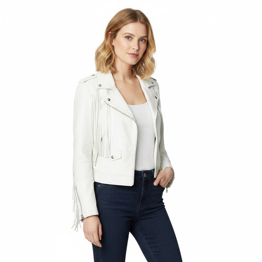 Woman wearing a white leather jacket on a white background