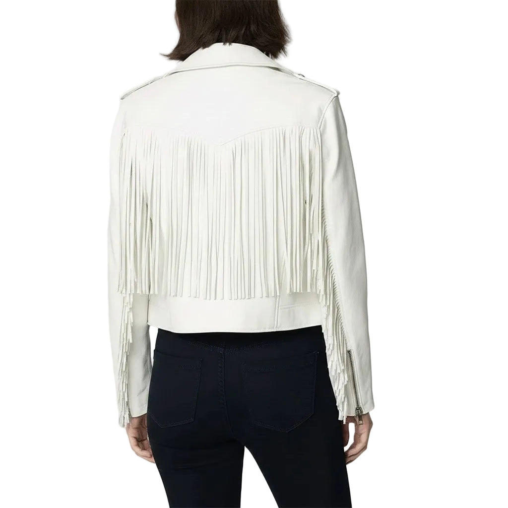 White fringe jacket worn by a person on a plain background