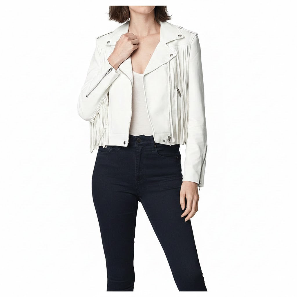 White fringe jacket worn by a person on a white background