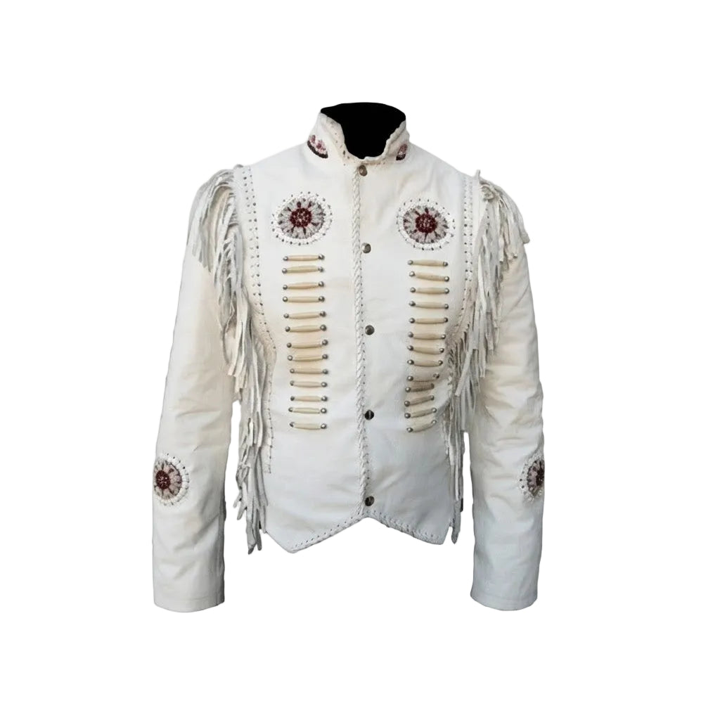 white leather fringe jacket with bead work on a white background