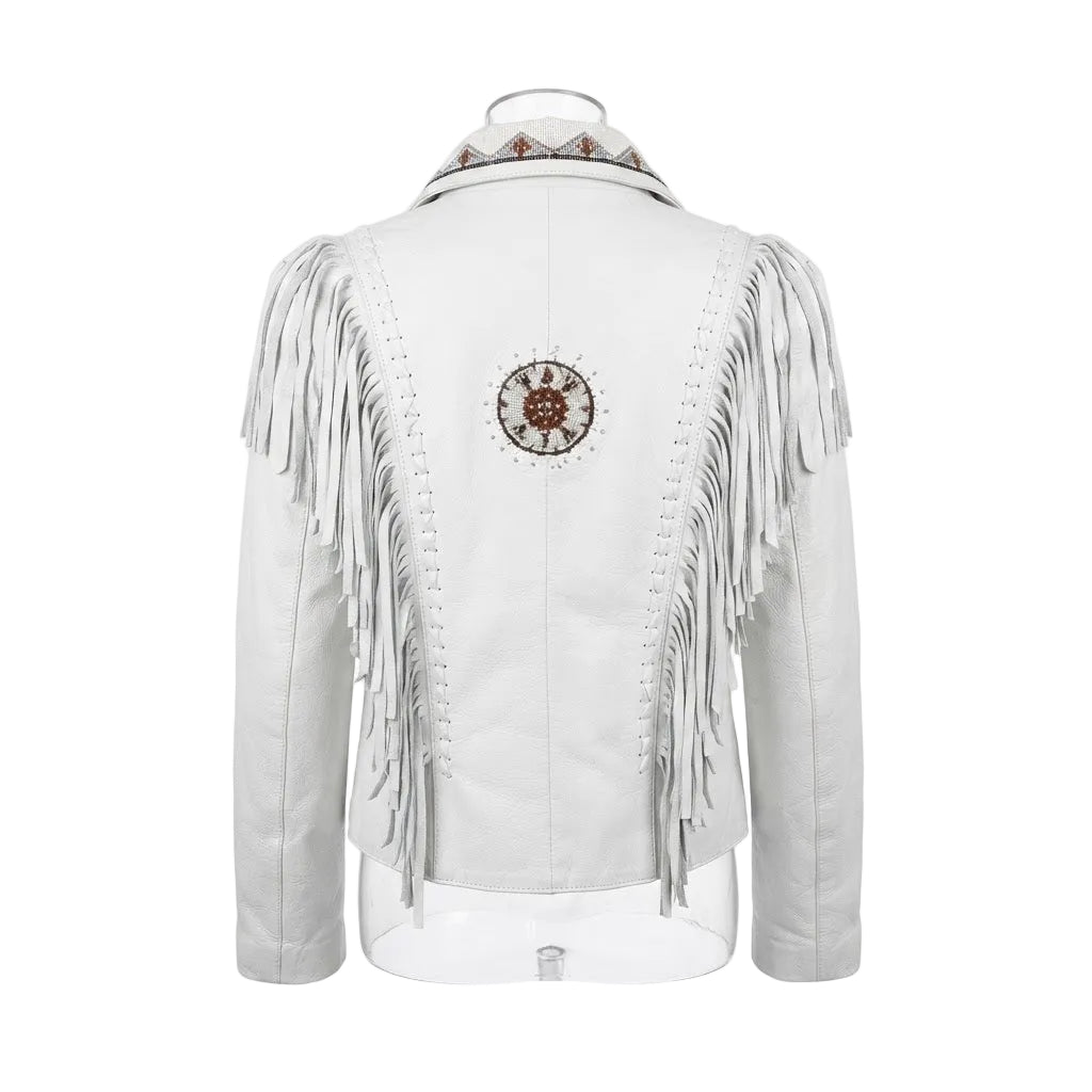 white leather fringe jacket with bead work on a white background