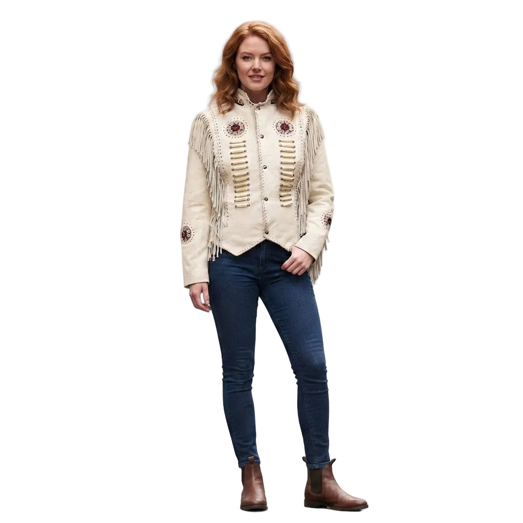 woman wear a white leather fringe jacket with bead work on a white background