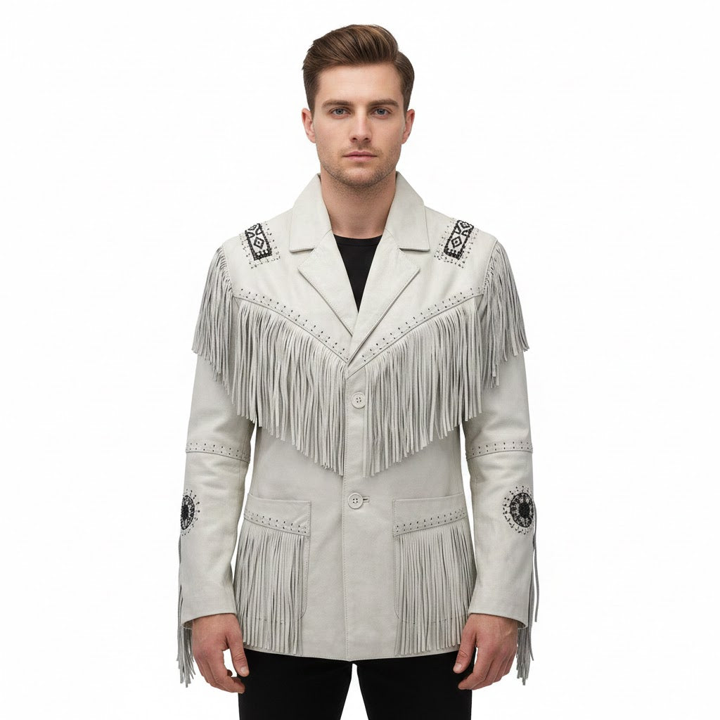 Man wearing a white fringed jacket with decorative elements on a white background