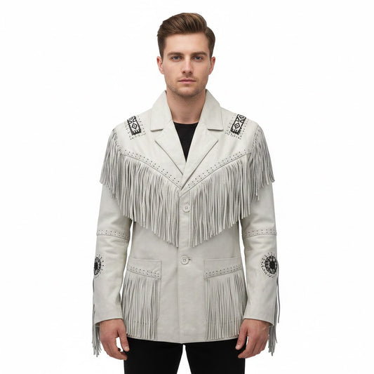 Man wearing a white fringed jacket with decorative elements on a white background