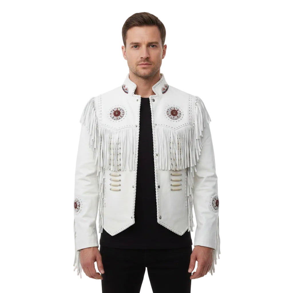 Man wearing a white leather jacket with fringe and embroidery on a white background