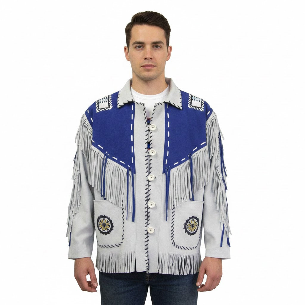 Man wearing a fringed jacket with blue and white patterns on a white background