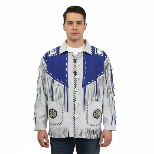 Man wearing a fringed jacket with blue and white patterns on a white background