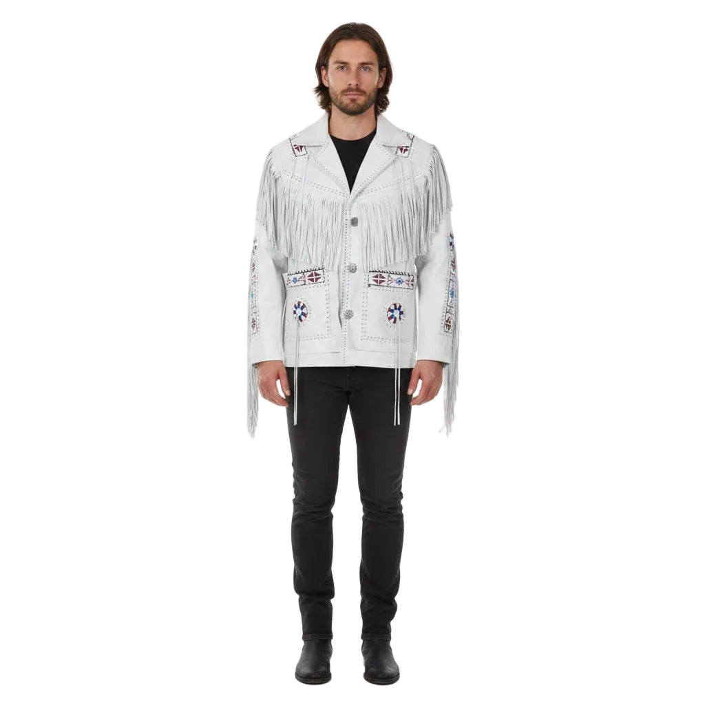 Man wearing a white fringed jacket with embroidery on a white background