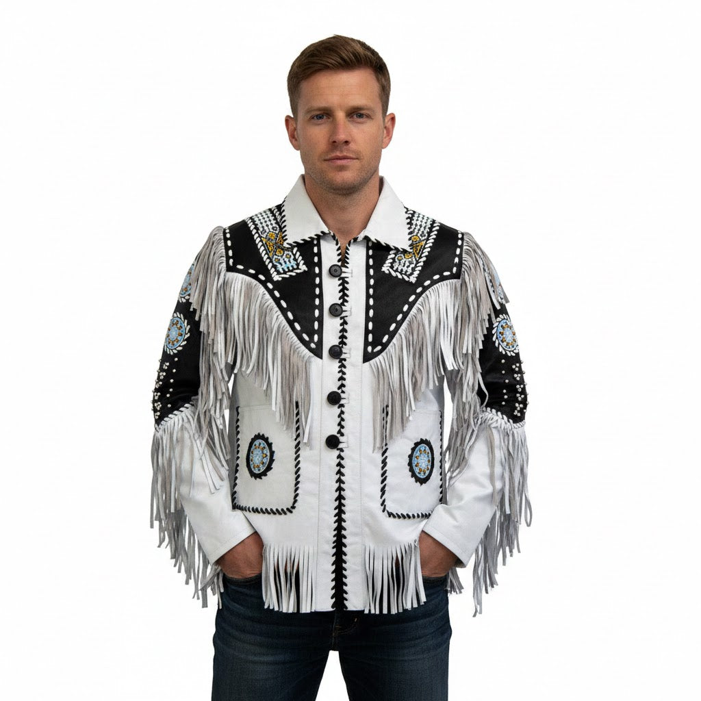 Man wearing a white and black fringed jacket with intricate designs on a white background
