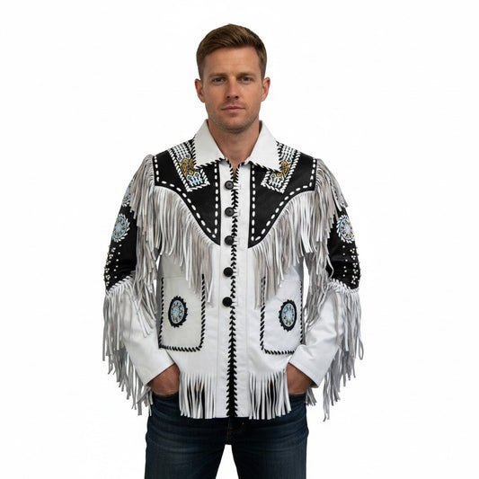 Man wearing a white and black fringed jacket with intricate designs on a white background