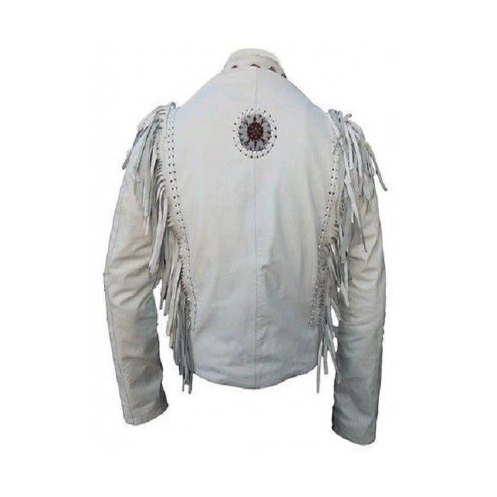 Western White Leather Fringe Bone Beaded Jacket LWJ605