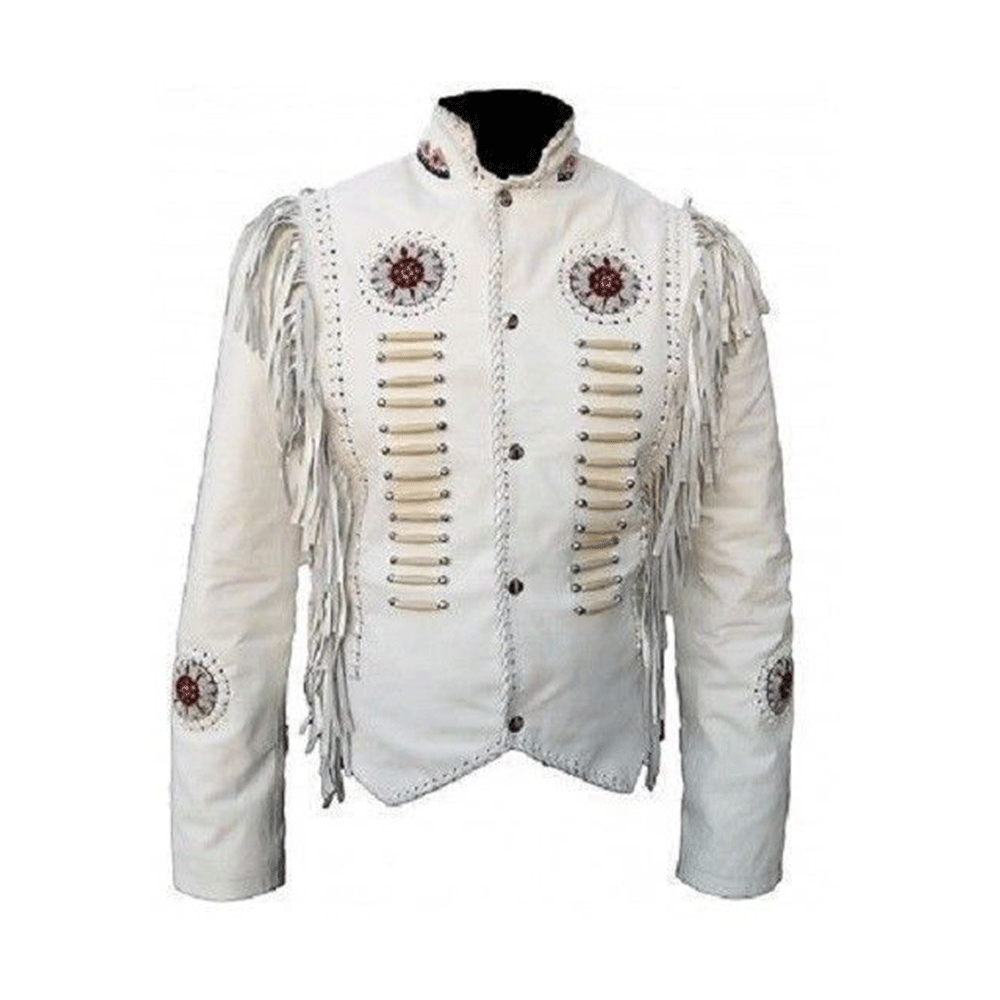 Western White Leather Fringe Bone Beaded Leather Jacket Cowboy Jacket LWJ605