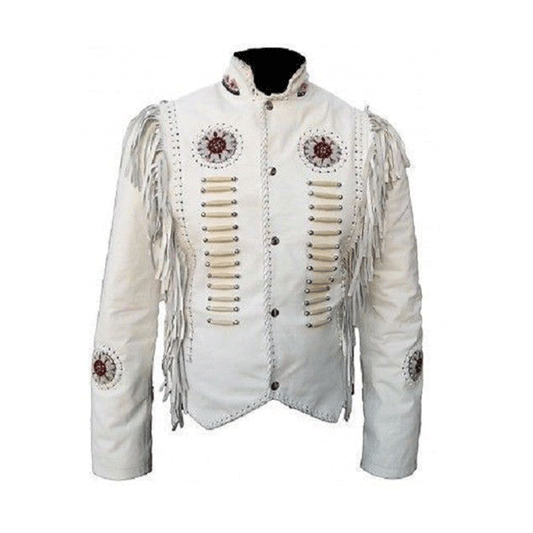 Western White Leather Fringe Bone Beaded Leather Jacket Cowboy Jacket LWJ605