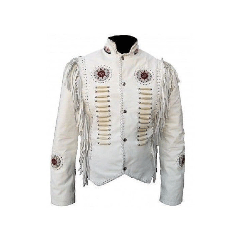Western White Leather Fringe Bone Beaded Leather Jacket Cowboy Jacket LWJ605