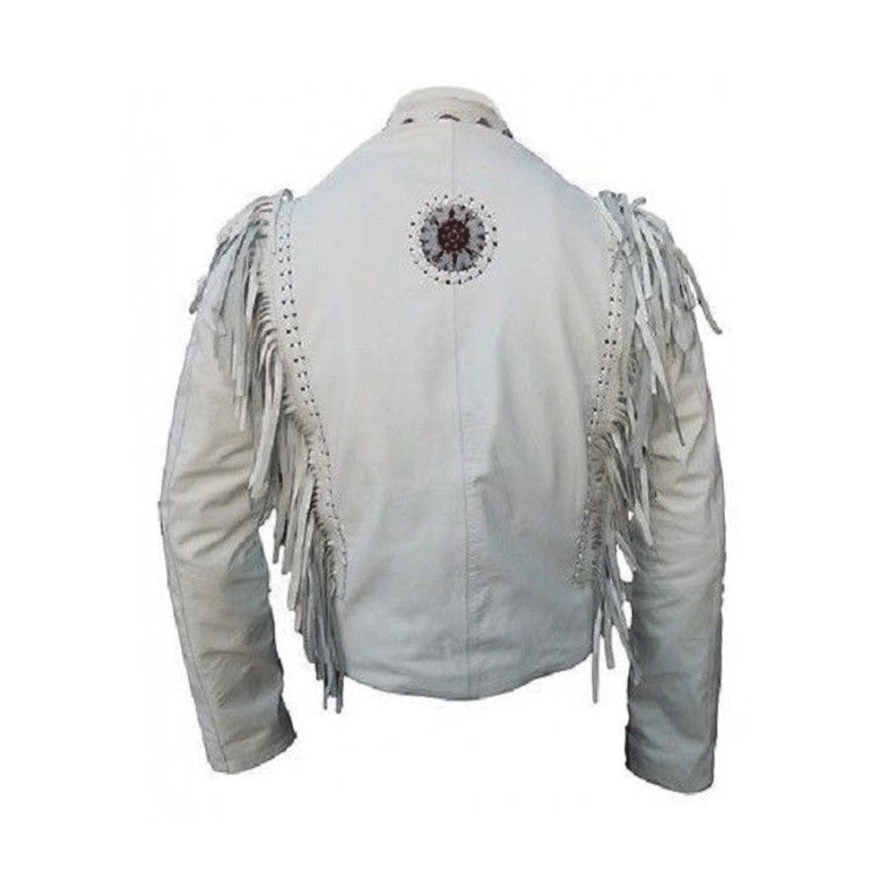 Western White Leather Fringe Bone Beaded Leather Jacket Cowboy Jacket LWJ605