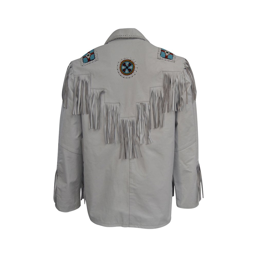 Western White Fringe Eagle Beaded Leather Jacket LWJ606