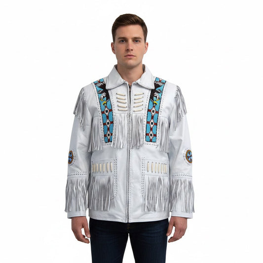 Man wearing a white leather jacket with fringe and colorful patterns on a white background
