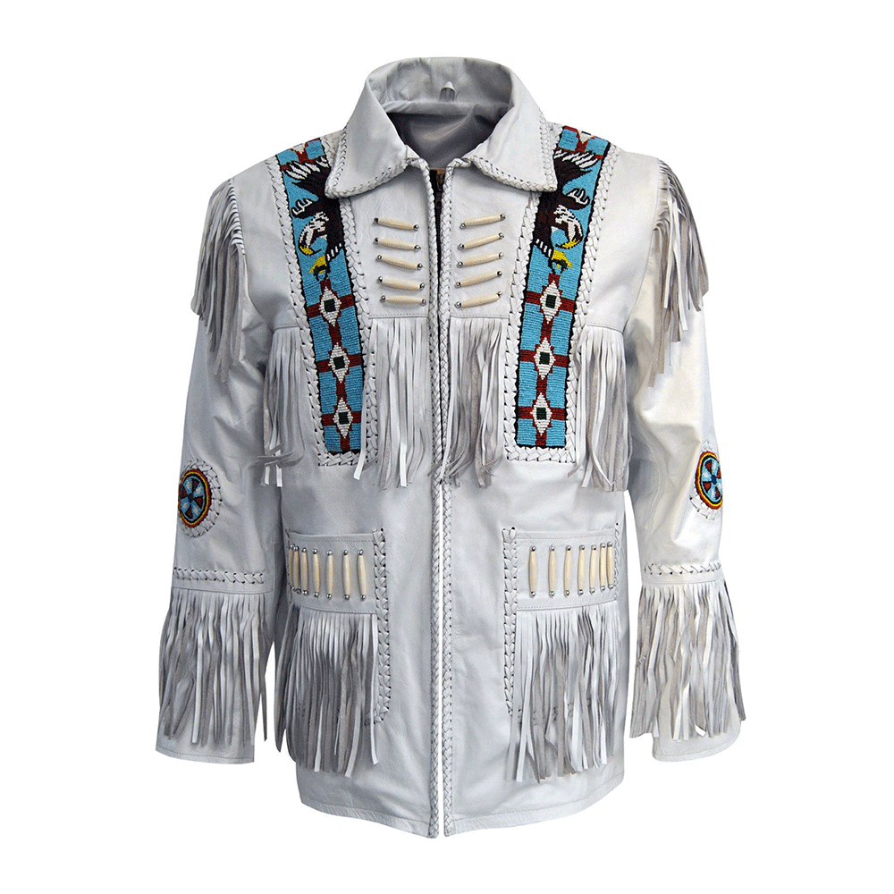 Western White Fringe Eagle Beaded Leather Jacket LWJ606