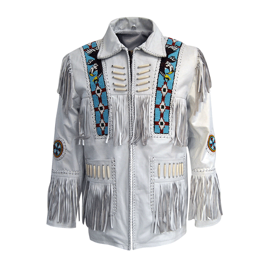 Western White Fringe Eagle Beaded Leather Jacket Cowboy Jacket LWJ606
