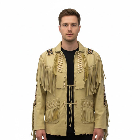 Man wearing a Brown fringed jacket on a white background