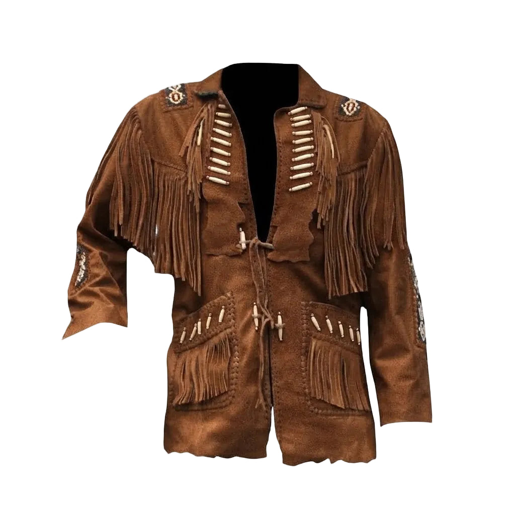 A brown faux-suede fringe jacket with decorative beadwork and tie closures, displayed on a black mannequin torso against a white background.