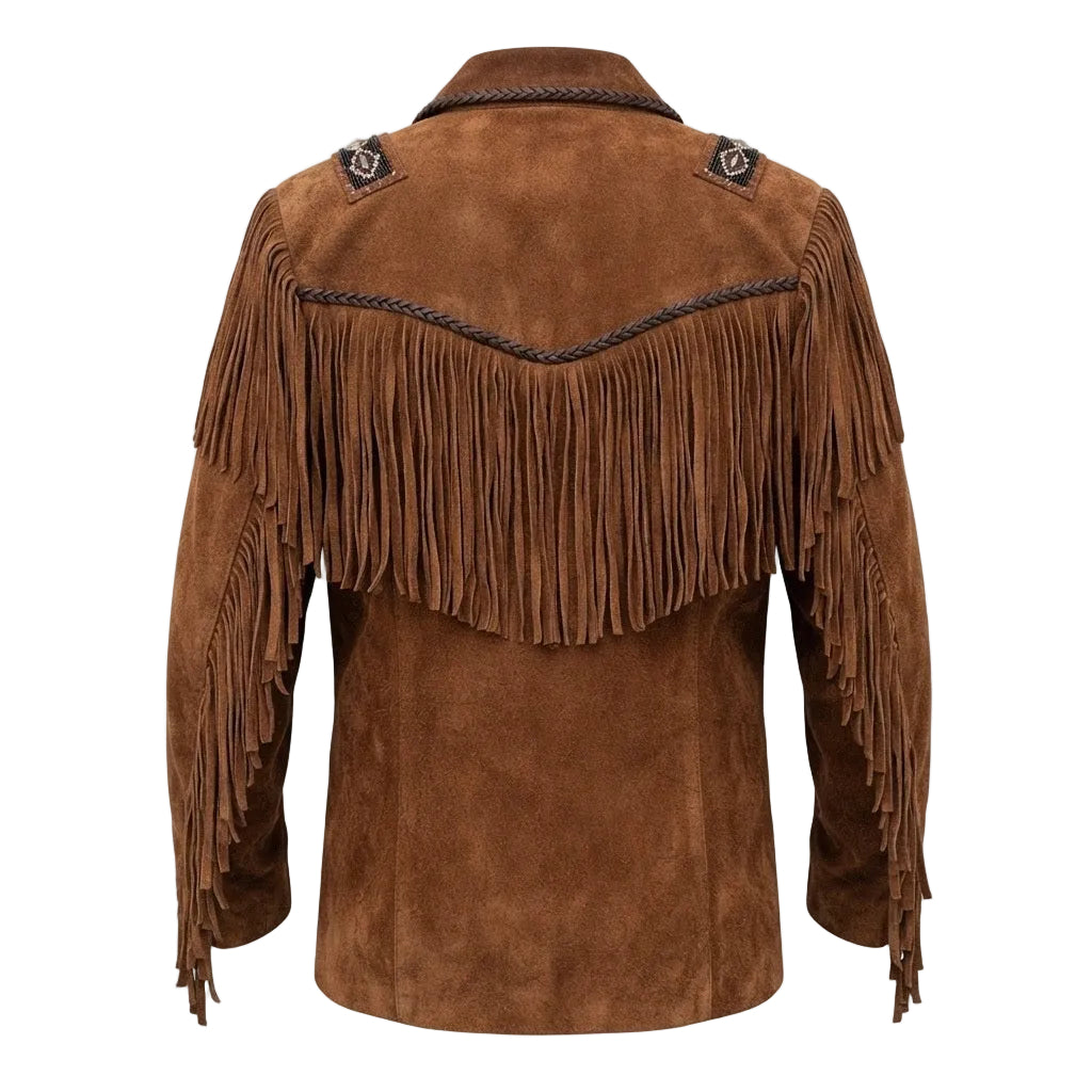 A brown suede fringe jacket shown from the back, featuring a wide fringe across the upper back, braided trim details, and decorative patches on the shoulders, set against a plain white background.