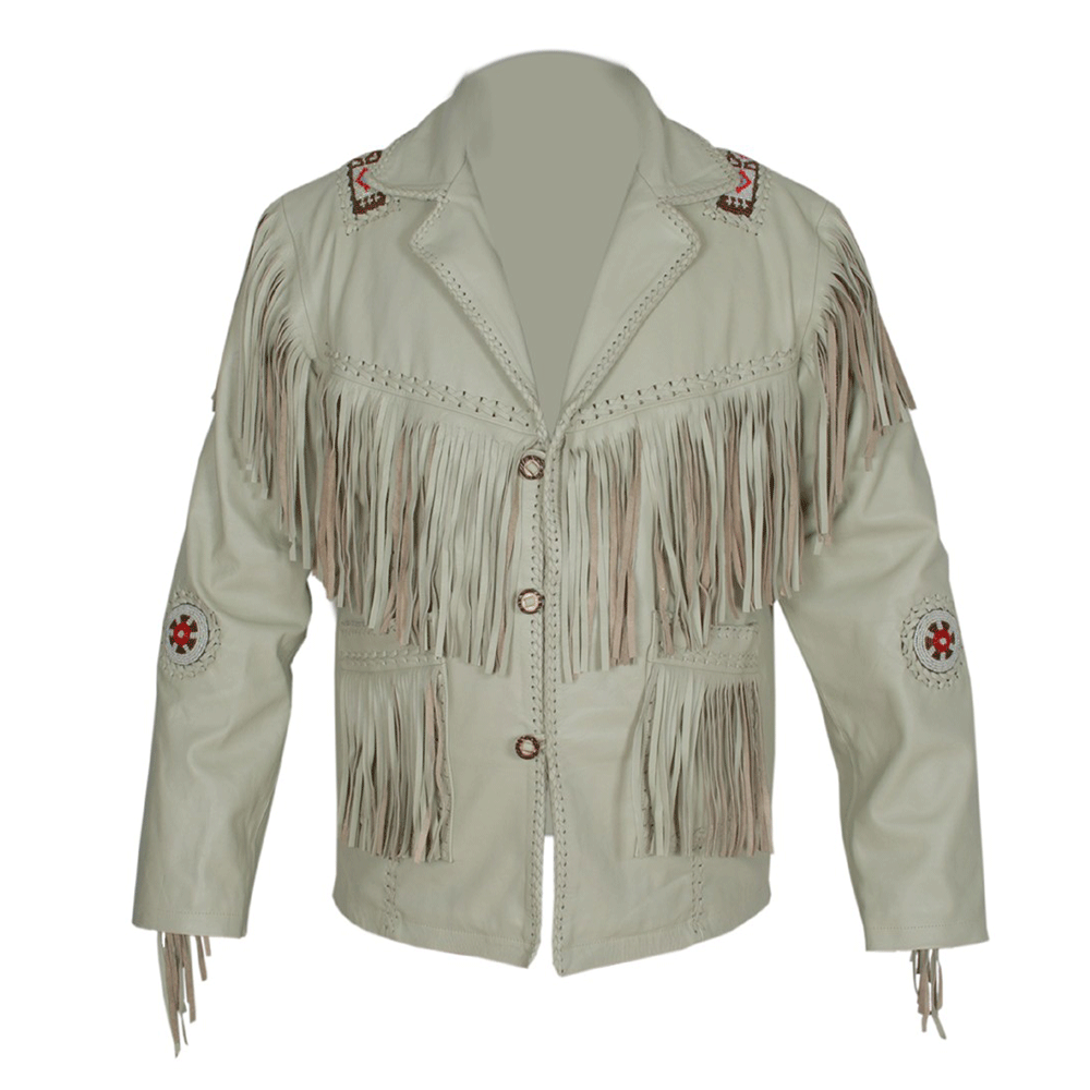 Western Beige Leather Fringe Beaded Jacket LWJ506