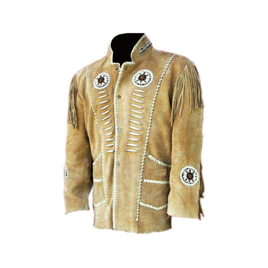Western Beige Suede Leather Fringe Bone Beaded Jacket Cowboy Jacket LWJ516