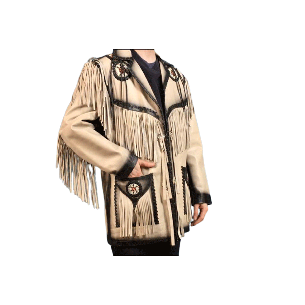 Western Fringe Beaded Beige Leather Jacket Cowboy Jacket LWJ5030