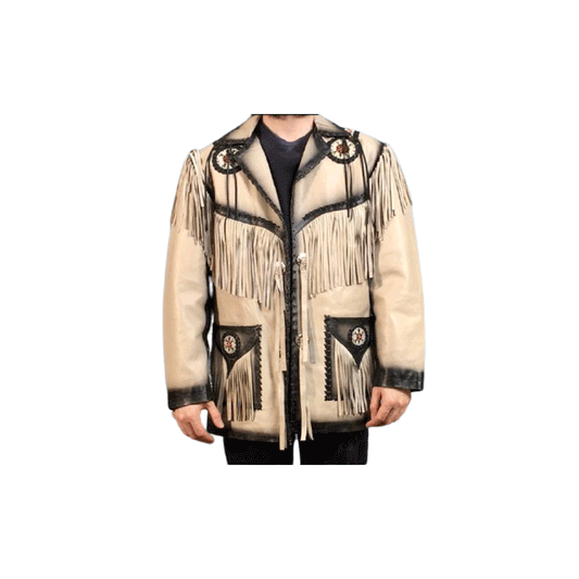 Western Fringe Beaded Beige Leather Jacket Cowboy Jacket LWJ5030