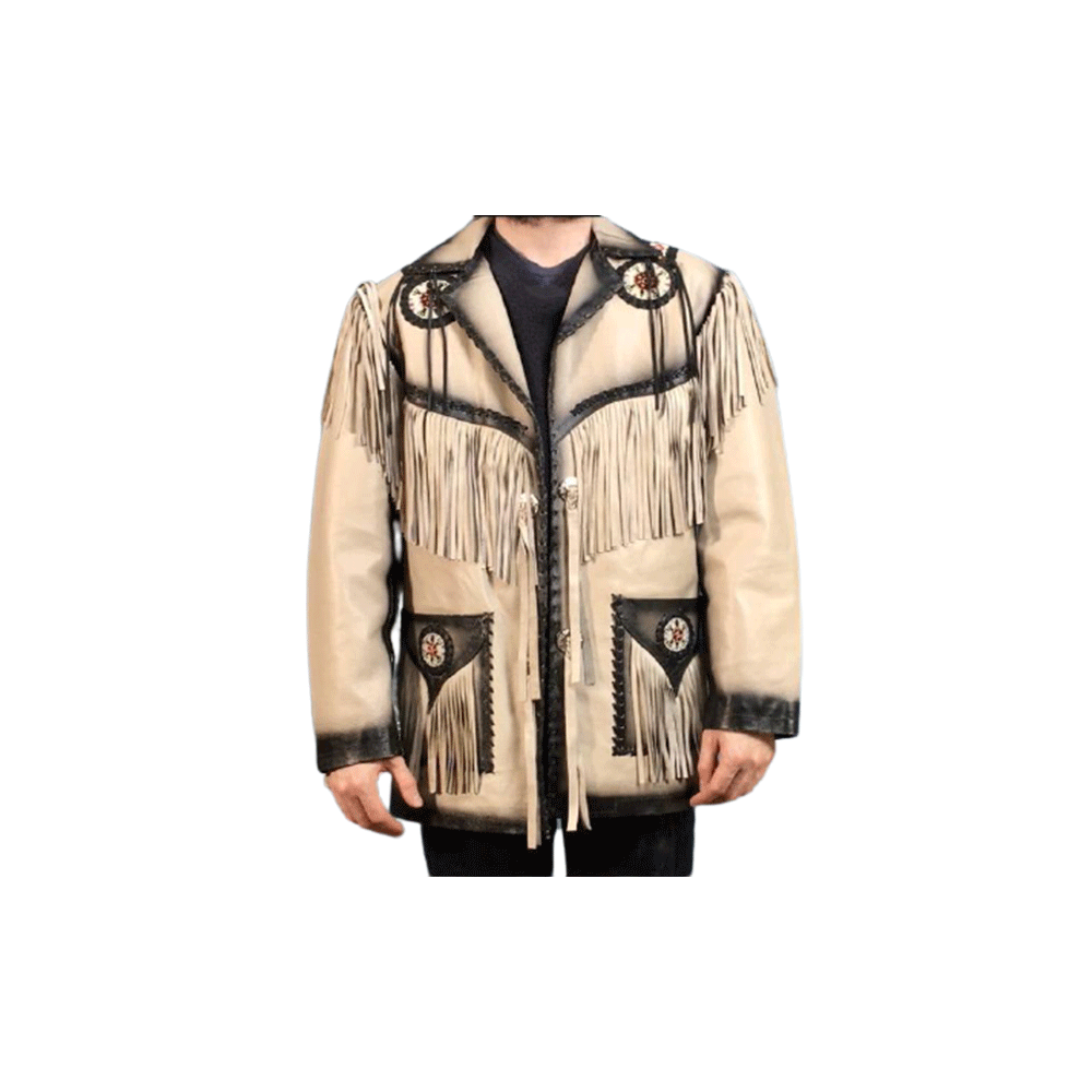 Western Fringe Beaded Beige Leather Jacket Cowboy Jacket LWJ5030
