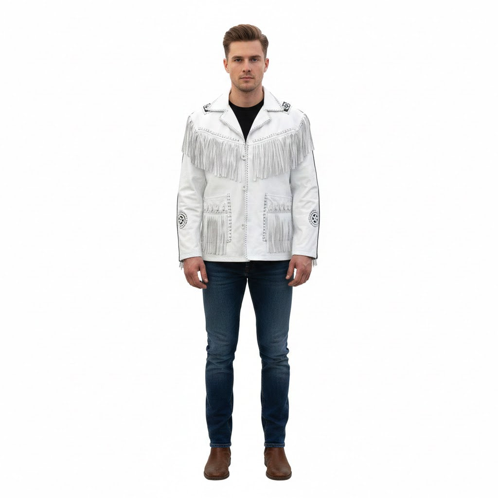 Man wearing a white fringed jacket on a white background