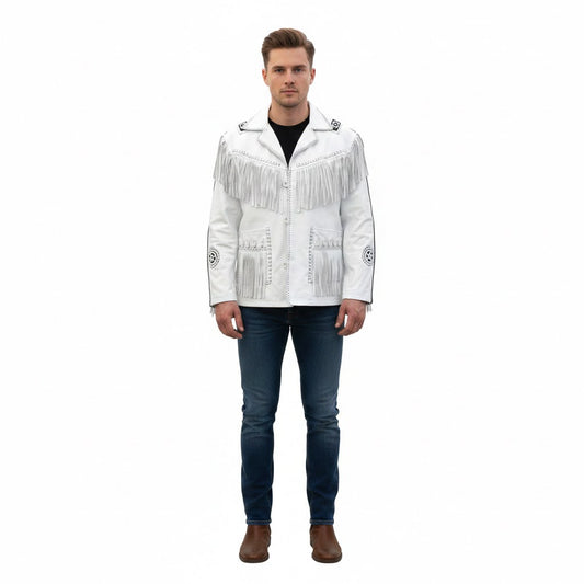 Man wearing a white fringed jacket on a white background