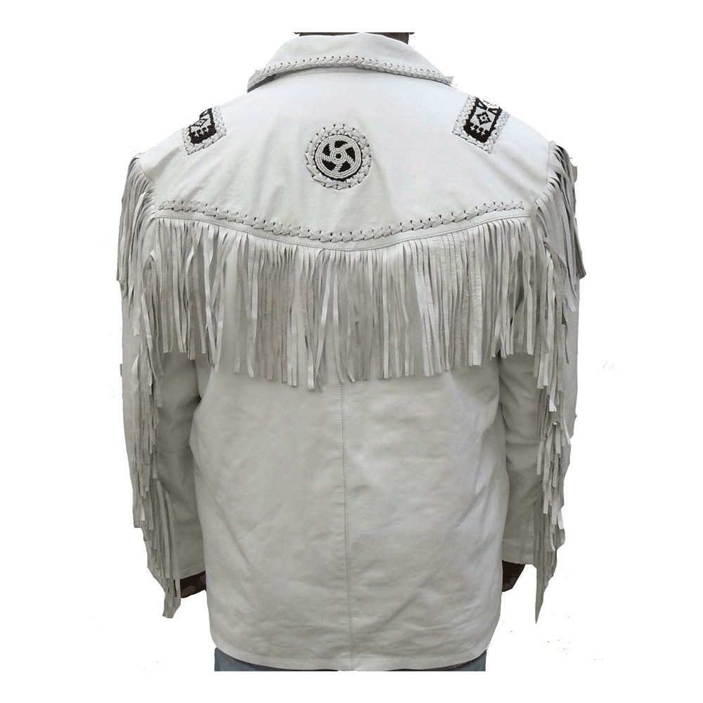 Western White Leather Fringe Beaded Leather Jacket Cowboy Jacket LWJ607