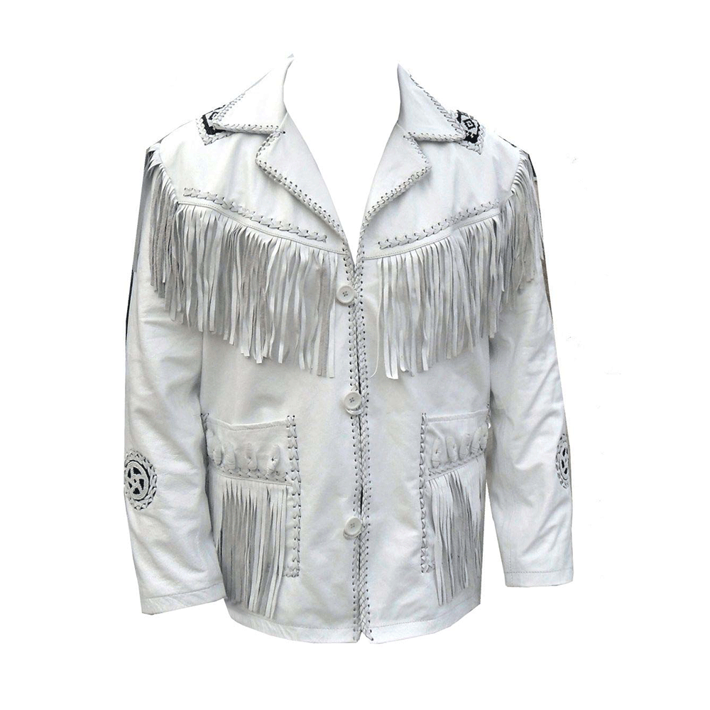 Western White Leather Fringe Beaded Leather Jacket Cowboy Jacket LWJ607