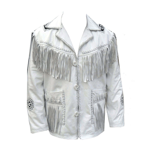 Western White Leather Fringe Beaded Leather Jacket Cowboy Jacket LWJ607