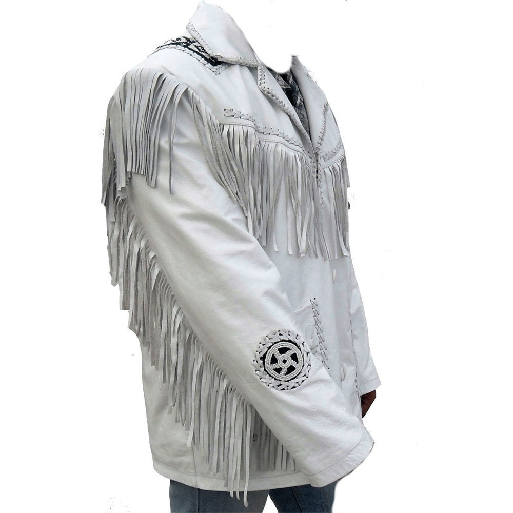 Western White Leather Fringe Beaded Leather Jacket Cowboy Jacket LWJ607