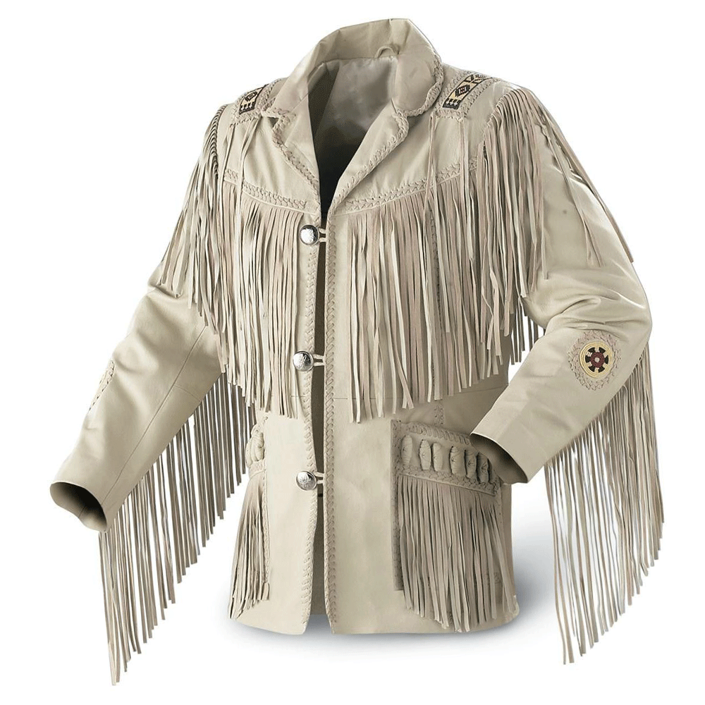 Western Beige Leather Fringe Beaded Jacket LWJ502