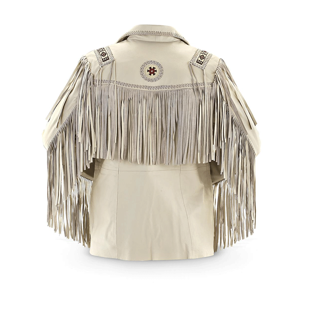 Western Beige Leather Fringe Beaded Jacket LWJ502